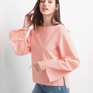 GAP | Gingham 100% Cotton Boatneck Blouse with Ruched/Drawstring Wide Sleeves